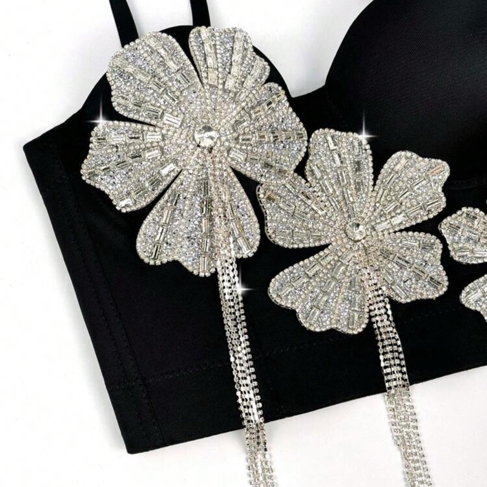 Black Diamond Studded Sparkling Flower Camisole Sexy Woman Fishbone Corset Top - Picture 3 of 7